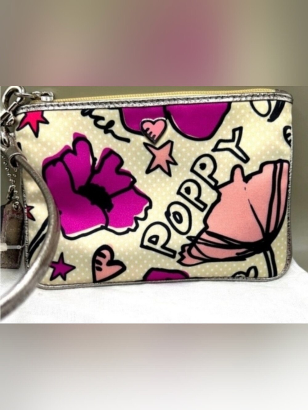 COACH Rare & Vintage Poppy Floral Wristlet With Silver Accents